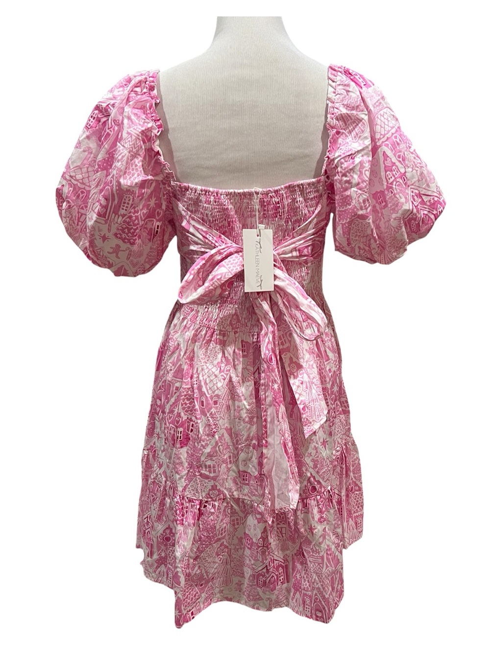 Kathleen Maeve Pink Gingerbread Print Puff Sleeve Dress Size Large NWT - Picture 2 of 5